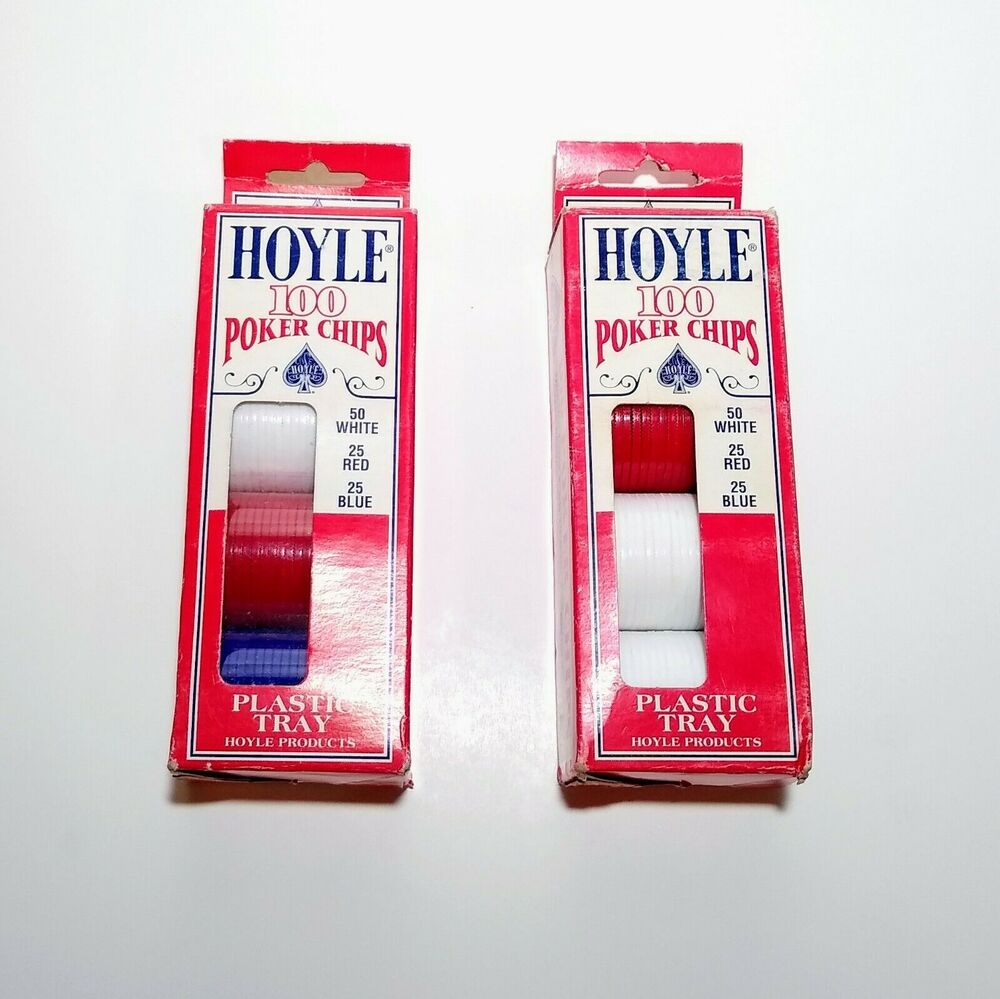 (2) Hoyle 100 Poker Chips 1 Plastic Tray Vintage 1992 Set, White Red Blue & Deck